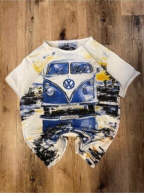 Kids Short-Sleeve White Tee with Blue VW Bus Graphic